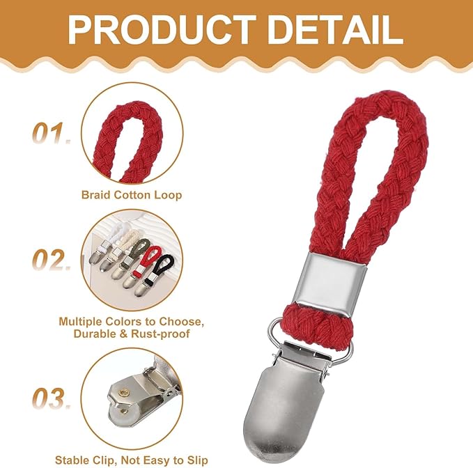 uxcell 8 Pcs Tea Towel Clips with Cotton Loop for Hanging, 4.3 Inch Metal Towel Hooks Multipurpose Cloth Hangers for Home Kitchen Bathroom, Red