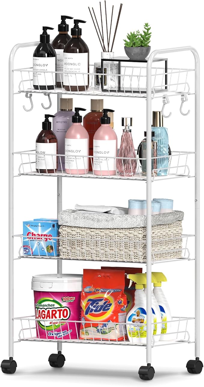 Mythinglogic 4 Tier Rolling Cart with 360° Wheels, Snack Cart, Removable Wire Baskets, Metal Utility Storage Rack for Kitchen, Bathroom, Laundry Room, Office (White)