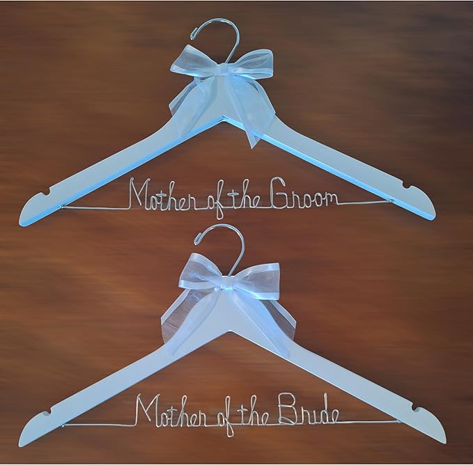 Mother of the Bride - Mother of the Groom Wedding Dress Hanger Silver or Gold Sturdy Wire, Quality Dark or White Wood Hanger with Notches - Your Choice of 10 Bow Colors Gift