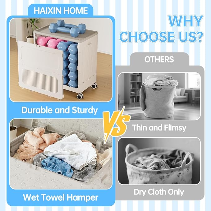 HAIXIN HOME Rolling Laundry Hamper with Lid, 130L Large Clothes Hampers for Laundry, Plastic Collapsible Laundry Baskets with Wheels and Lid, Install-Free & Easy to Transport to Laundry Room (2 Pack)