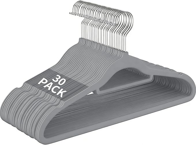 30 Pack Slim Non-Slip Velvet Hangers, Heavy Duty Space Saving Felt Coat Hangers with 360° Rotating Silver Hook (Grey)