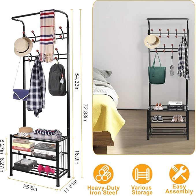 Moclever Coat Rack Shoe Bench, Hall Tree with Storage Shelf for Entryway, Industrial Coat Shoe Racks with Organization, 3-in-1 Design, Easy Assembly