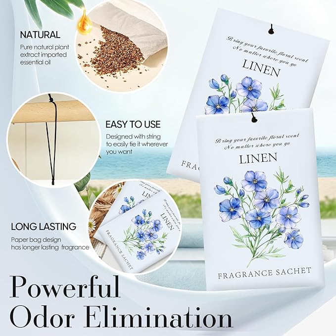 Linen Scented Sachet Bags - 12 Pack Closet & Drawer Freshener, Long Lasting Odor Eliminator for Wardrobes, Cars & Storage, Home Fragrance Air Freshener Sachets