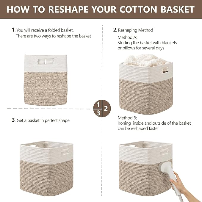 UBBCARE Set of 4 Storage Basket-12 X 12 X 12 in, Cotton Rope Basket for Shelves, Toys, Book, Cube Storage Bins with Handles, Woven Storage Basket for Organizing, White Brown