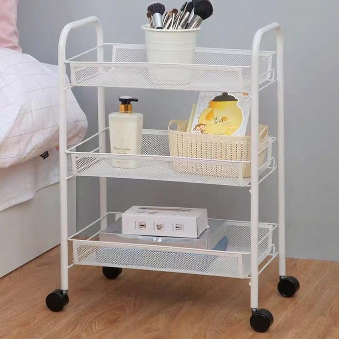 White Rolling Cart 3-Tier, Mobile Snack Cart for Living Room & Kitchen - Holds Beverages, Fruit, Books, with 360° Wheels & Hooks
