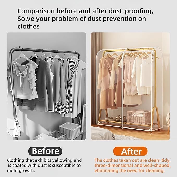 Clear Garment Rack Cover, Transparent Clothes Rack Cover with 2 Smooth Zipper, Dustproof and Waterproof Clothing Protector (M:59"L x 20"W x 59"H)