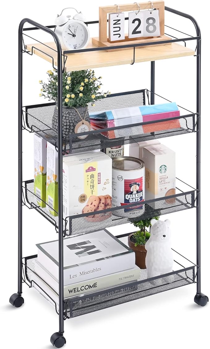 KINGRACK 4-Tier Rolling Cart,Metal Utility Cart with Wooden Tabletop,Easy Assemble Mobile Storage Trolley On Wheels,Craft Storage (Black)