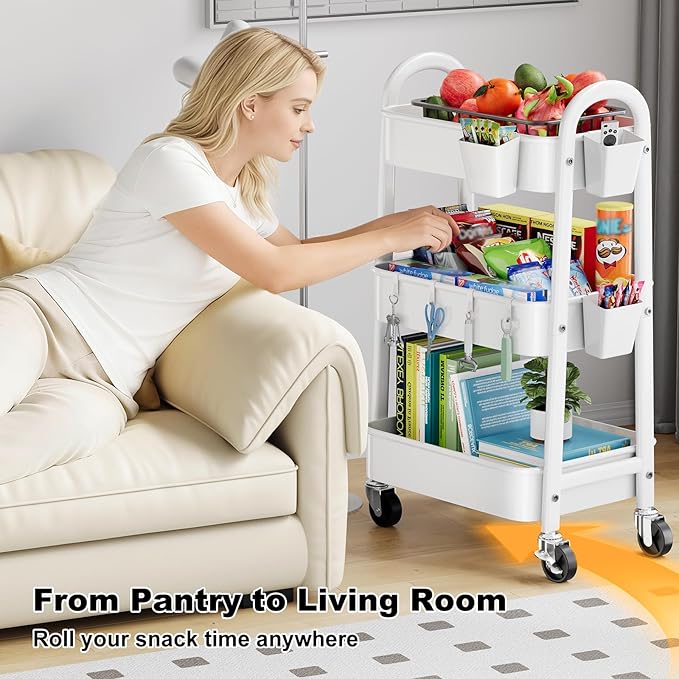 3 Tier Rolling Cart with Wheels for Pantry Organizers and Storage, Metal Utility Kitchen Cart for Fruit and Vegetable Storage, Snack Carts for Kitchen Organization, Art, Craft, Bathroom, Lash, White