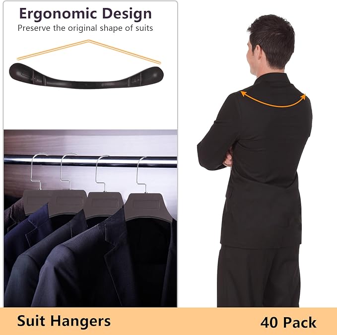 DEDU Suit Hangers for Men 40 Pack, Extra Wide Suit Hanger Non Slip Width 17.7", Thick Plastic Coat Hangers Brown with Metal Hook
