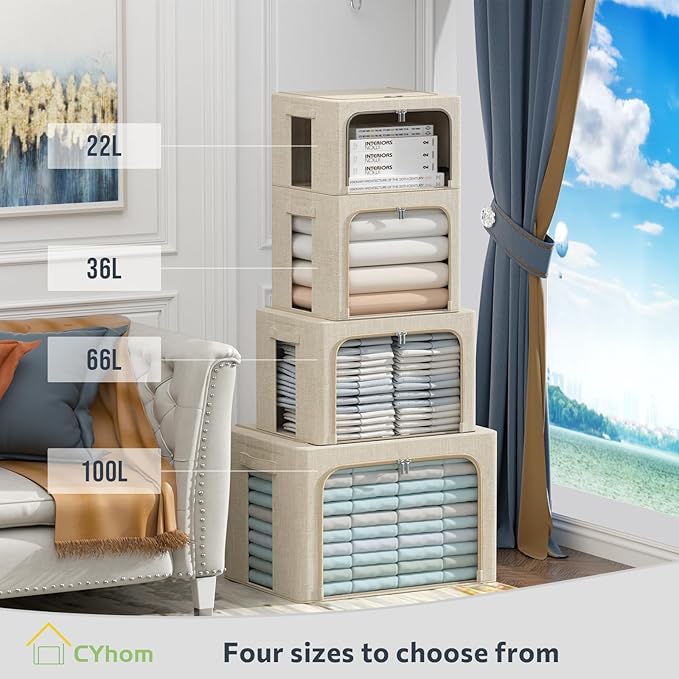 CYhom 3Pack Foldable Storage Bins - Frame Storage Box Linen Fabric Stackable Clothes Container Organizer with Clear Window & Carry Handles Large Capacity (Small-22L, Beige)