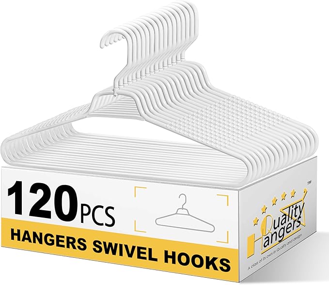 Quality Hangers Heavy Duty White Plastic Hangers 120-Pack with Swivel Hook | 7mm Thick Non Slip Coat Hangers with Accessory Bar | Ideal Clothes Hangers Plastic for Everyday Use | 17 Inches 120, White