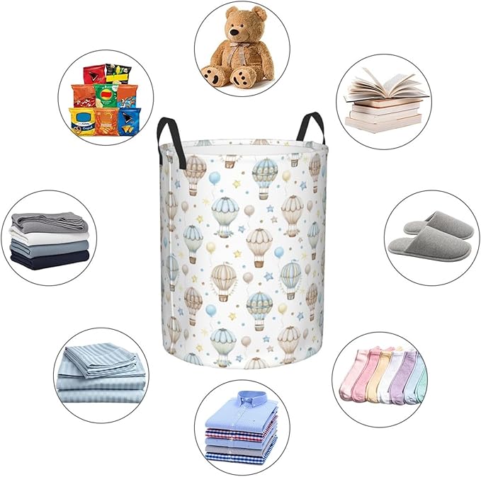Watercolor Hot Air Balloon Round Laundry Hamper Storage Basket Toys Clothes Organizer Bin For Home Bathroom Bedroom Dorm Nursery, 62l