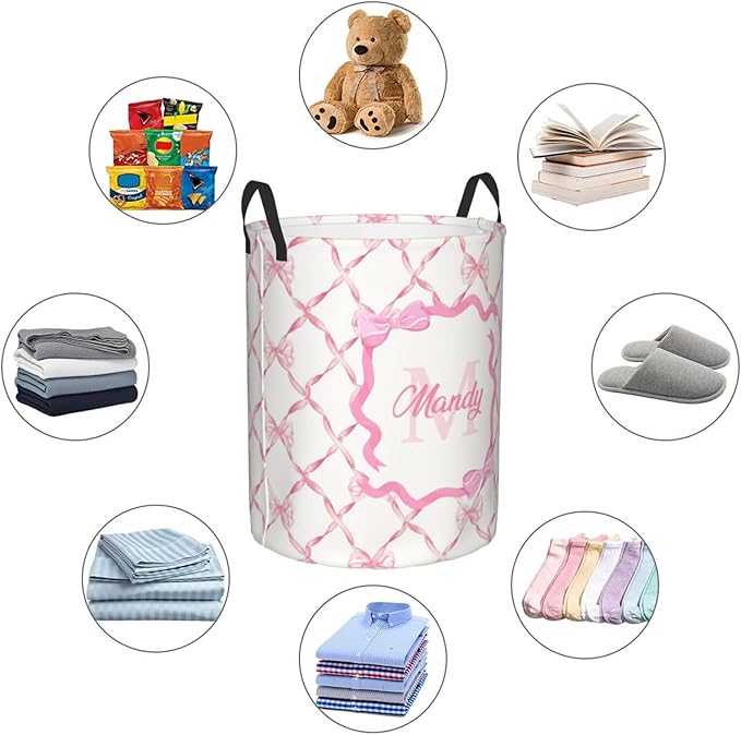 Personalized Laundry Basket for Nursery, Custom Nursery Laundry Hamper with Name, Customize Baby Clothes Circular Hamper for Boys Girls Room Decor, Pink Bow