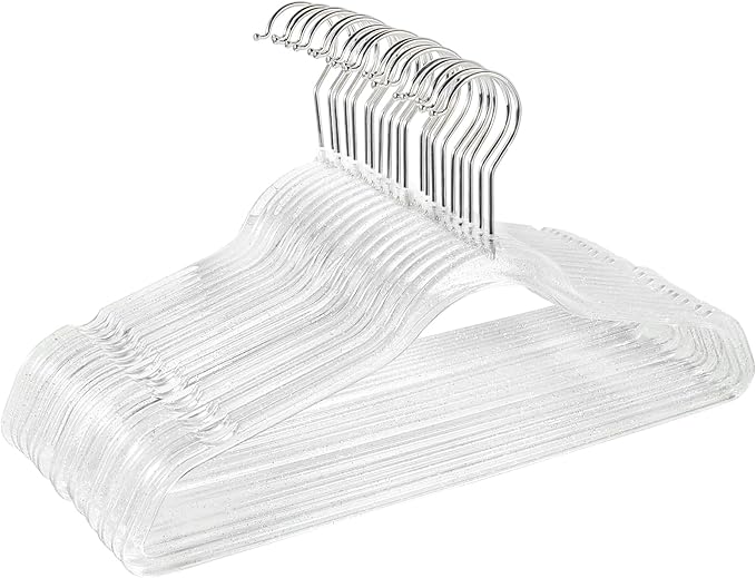 Clear Plastic Hangers 20-Pack - Non-Slip Coat/Clothes Hangers with Silver Glitter; Ideal for Weddings; Lightweight and Space-Saving for Closet Organization.