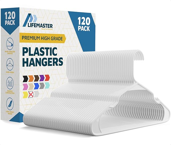 Lifemaster Plastic Clothes Hanger Set - 120 Pieces Versatile, Lightweight, Space-Saving, Non-Slip, Slim Designed, Dry and Wet Clothes Hanger Set - White
