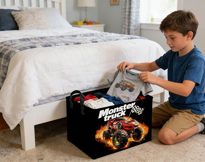Rectangular Kids Baskets Moster truck Basket Cute Storage Bins Organizer Box Boys Room Decor for Home.(Black racing car)
