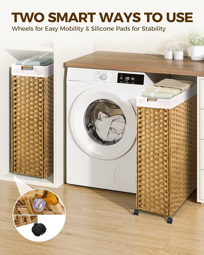 Greenstell Laundry Hamper with Wheels & Handles, 26.4 Gallon (100L) Slim Laundry Basket with 2 Removable Liner Bags & 2 Mesh Bags, Foldable Narrow Clothes Hamper for Bedroom, Bathroom, Closet, Natural