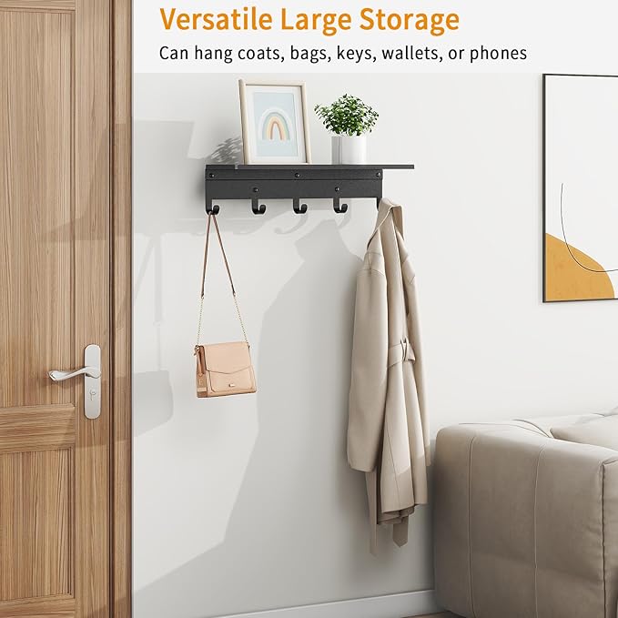 Wall Shelf with Hooks, Metal Coat Rack Wall Mounted with 5 Hooks, 17 Inch Clothes Hooks Entryway Coat Hangers Storage Clothes, Bags, Purse, Keys for Living Room, Bedroom, Black