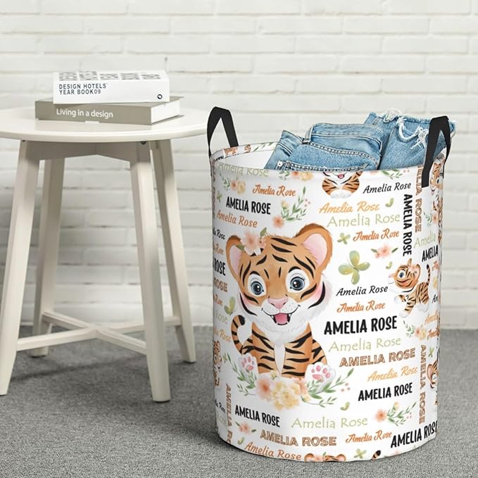 Tiger Laundry Basket,Personalized Laundry Hamper for Boys Girls,Custom Laundry Basket With Name, Customized Dirty Clothes Hamper for Bathroom Bedrooms,S-16.5"X 13.8"