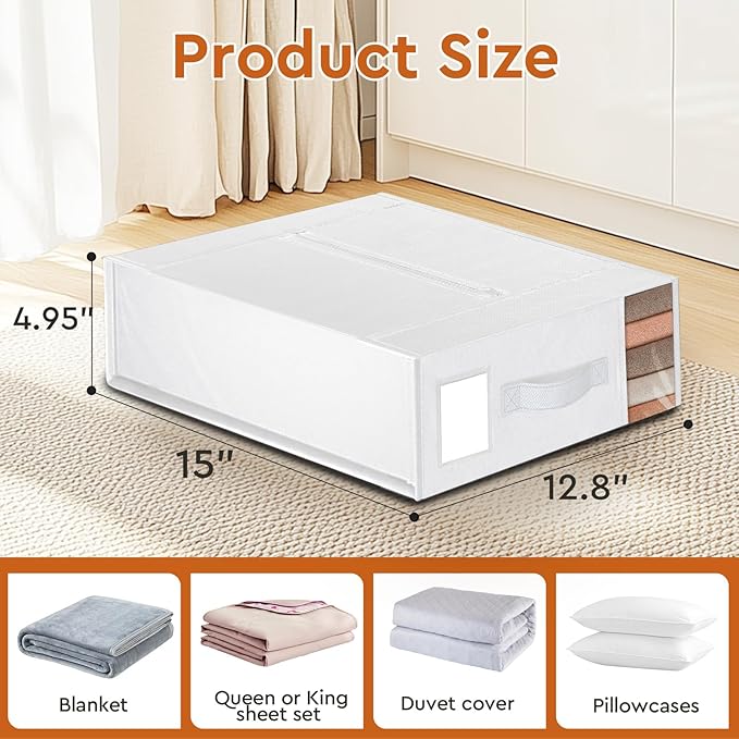 4 Pack Bed Sheet Closet Organizers and Storage,Sturdy Foldable Storage Containers with Window and Label,Storage and Organization for Bedding Sheets,Duvet Covers,Blankets (White)