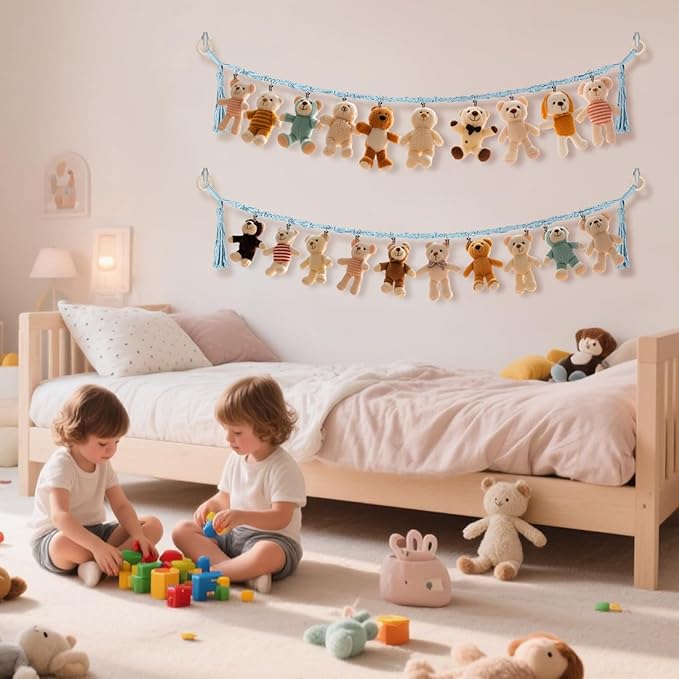 80" Cotton Hanging Storage Chain For Stuffed Animals Storage with 20 Metal Clips, Stuffed Animal Organizer Chain for Wall Corner Nursery Play Room, Baby Blue