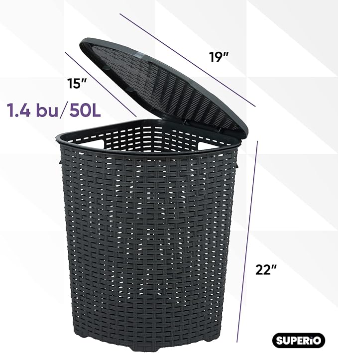 Superio Corner Laundry Hamper Basket With Lid 50 Liter - Grey Wicker Hamper - Durable, Lightweight Bin With Cutout Handles, Storage Dirty Cloths Curved Shape Design Fits Bathroom, Door and Closet