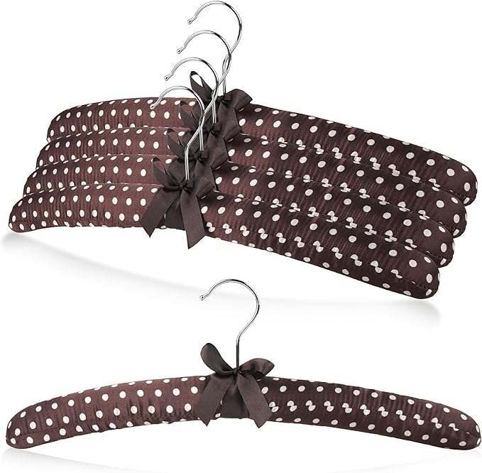 Women's Satin Padded Hangers - 15" Foam-Filled Wooden Clothes Hangers with No Shoulder Bumps, Bow Accent, for Sweaters, Blouses, Dresses – 5 Pack (Coffee Polka Dot)