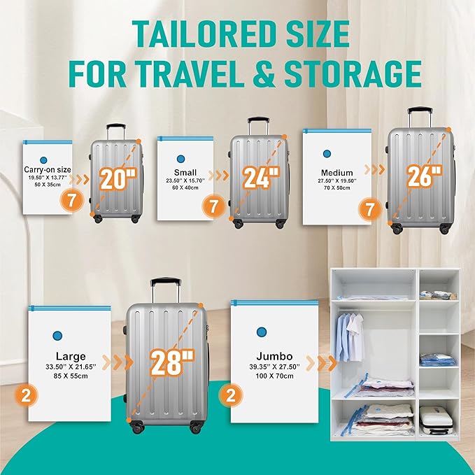 Vacuum Storage Bags, Vacuum Seal Space Saver Bags for Clothing, Travel Lugggage, Carry-on, Blankets, Comforters,Pillow, Bedding, 25 EPump