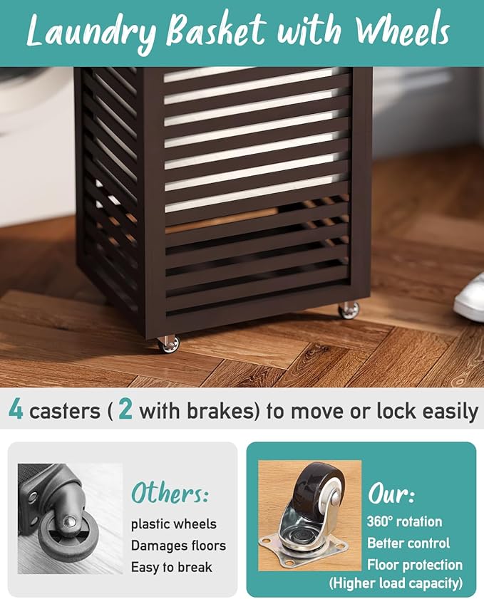 Laundry Hamper with Wheels, 22.7 Gallon (86L) Bamboo Wood Clothes Laundry Basket with Handles, Removable Liner