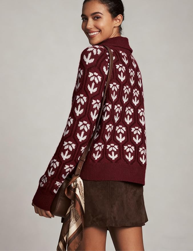 Women Floral Cropped Cardigan Sweaters Shawl Collar Long Sleeve Button Down Knit Jacket Flower Print Knitwear