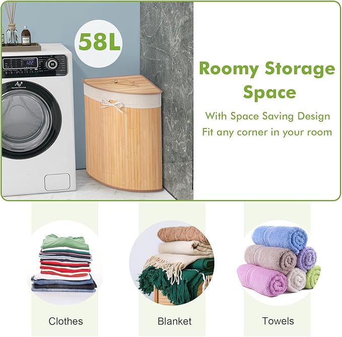 Giantex Corner Laundry Hamper with Lid, 58 L Bamboo Laundry Basket with Removable Liner & Handle, Triangle Clothes Hamper for Small Spaces, Bedroom, Bathroom, Laundry & Living Room (Natural)