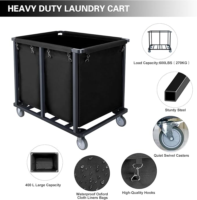 Commercial Laundry Cart with Wheels,600 lbs Heavy Duty Industrial Laundry Cart with Steel Frame and Oxford Cloth Bag,Commercial Laundry Basket for Home,Hotel,Housekeeping,400L(Black)