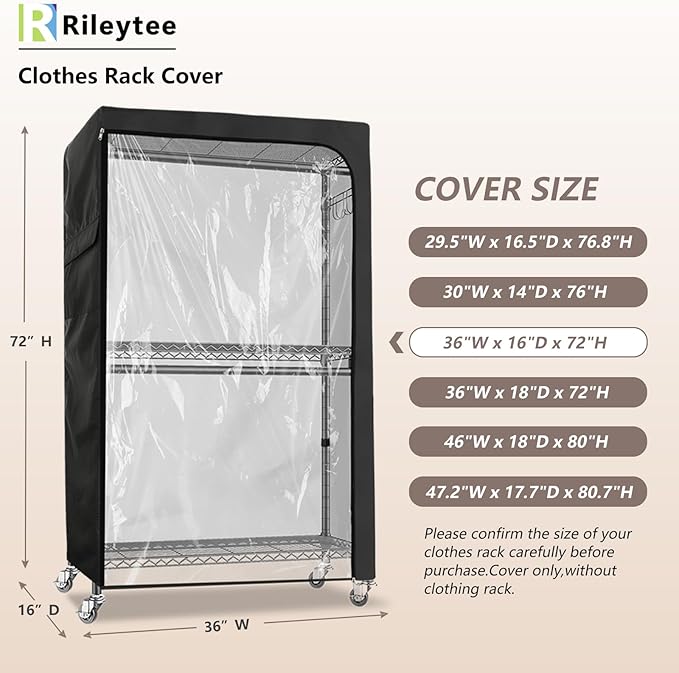 Garment Rack Cover,Storage Shelf & Clothes Rack Cover,600D Heavy Duty Waterproof Clothing Rack Cover with Zipper for Storage Rack,Cover Only 36"W x 14"D x 72"H