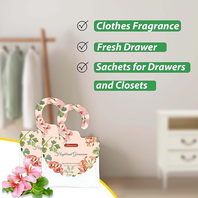 15 Packs Scented Sachets Bag for Drawers and Closets, Air Freshener for Home Fragrance Sachet, Long-Lasting Hanging Closet Deodorizer Smell Goods for House (Highland Geranium)