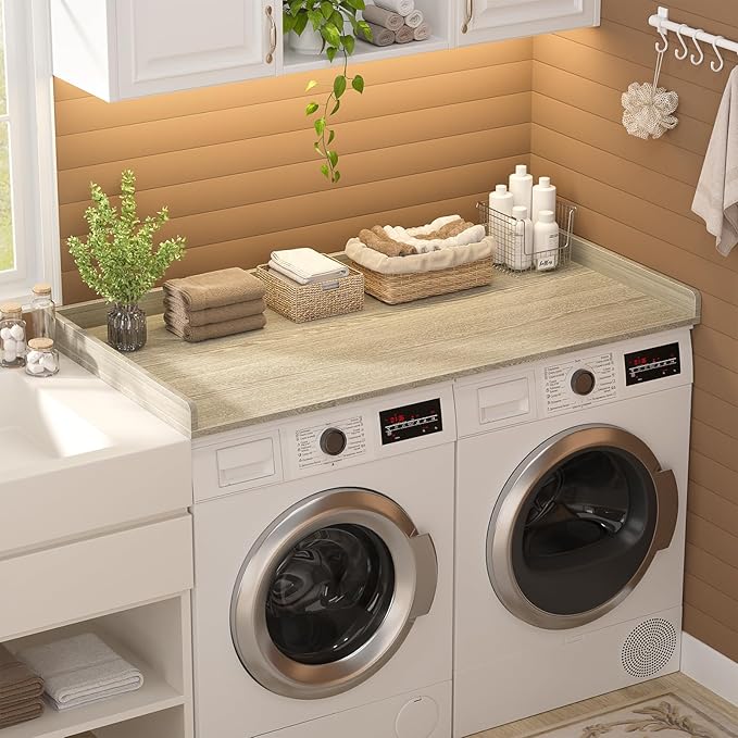 Aheaplus Washer and Dryer Countertop, Laundry Room Organization with Non-Slip Pads, Wood Shelf Topper with Round Corner Edge Rails, Folding Organizer for Laundry, 54" W x 27.5" D, White Oak