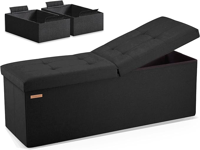 HAUSFRAU Storage Ottoman Bench with Flipping Lid, 43.3 Inches Storage Chest Footsrest, Folding Foot Stool for Entryway, Living Room, Bedroom, Linen Black