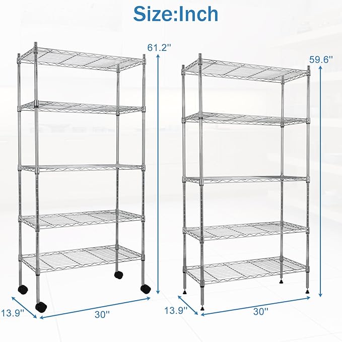 YRLLENSDAN 5-Tier Heavy Duty Storage Shelving Unit, Metal Shelves for Garage, Pantry, Kitchen Organization – Adjustable Wire Rack Shelf Organizer, 60"x30"x14", 1250lbs, Chrome