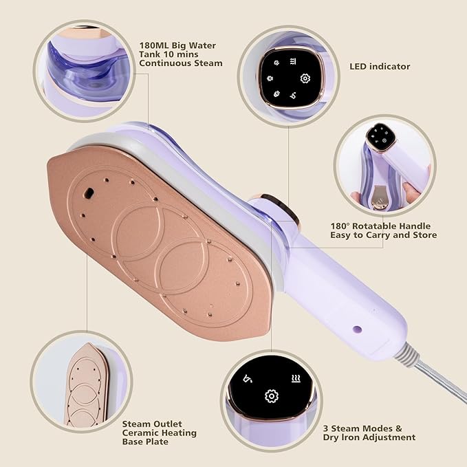 Travel Steamer Iron for Clothes, Small Portable Steam Iron, Steamer and Iron 2 in 1, Steam Iron Handheld, 3 Seconds Fast Heating, Suitable for Travel,Home and Dorm,Mini Steam Iron（Violet）