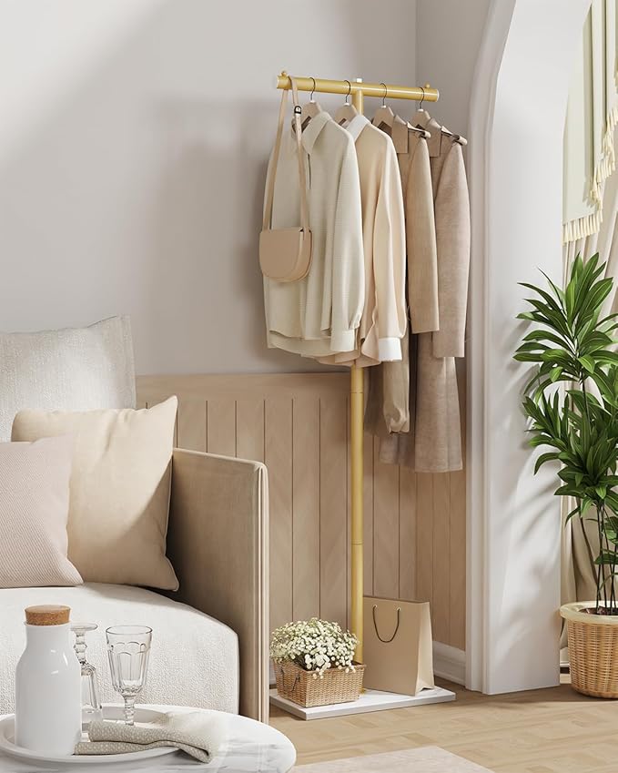 T-shaped Coat Rack Freestanding, Modern Clothes Rack with Rock Slab Base, Heavy-duty Metal Coat Tree for Boutiques, Hallway, Entryway, 68.9 Inches High, Golden Yellow, GYJ001WJ