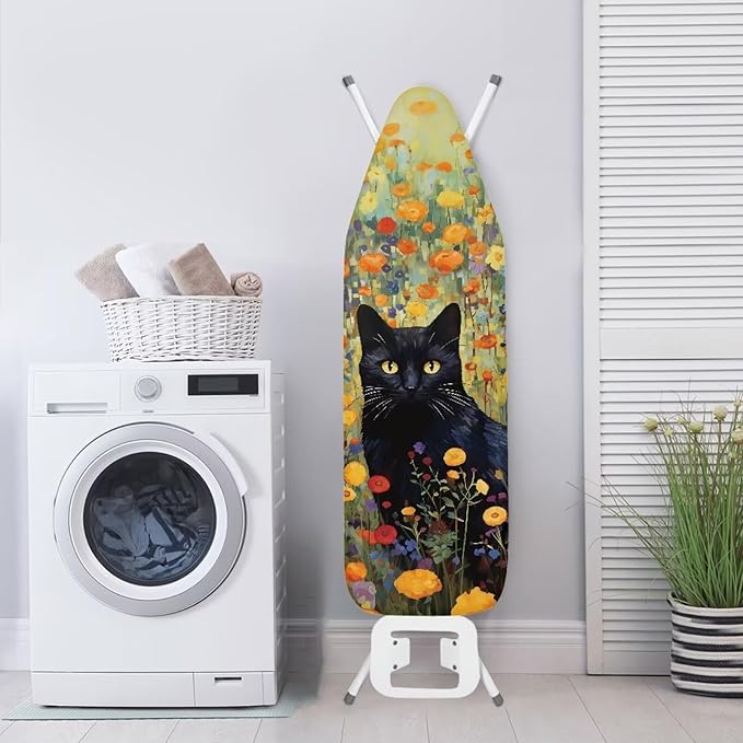 GLENLCWE Black Cat Floral Ironing Board Cover Standard Sizes 15x54 Inch,Cute Cat Print Iron Board Cover Replacement Protector with Elastic Edge and Hook and Loop