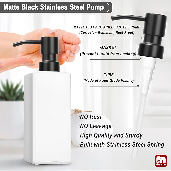 GMISUN White Soap Dispenser, Bathroom Hand Soap Dispenser, Glass Dispenser with Stainless Steel Pump, Kitchen Hand and Dish Soap Dispensers, 12 fl oz/350ml Liquid Refillable Soap and Lotion Bottle