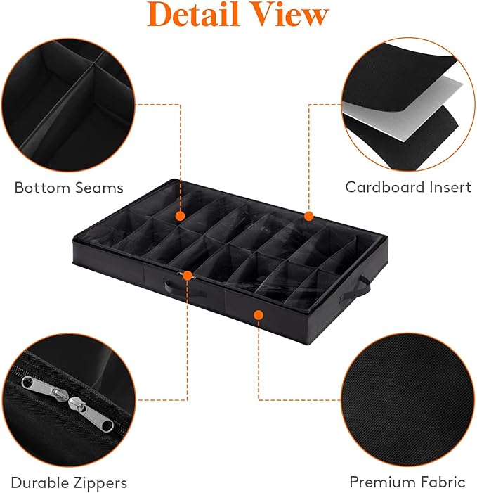 Lifewit Under Bed Shoe Storage Organizer 4 Pack(2x16 Pairs+2x4 Pairs), 4.3" Tall Fabric Shoes Container Box, Foldable Closet Shoe Bag with 2 Reinforced Handles and Clear Cover, Black
