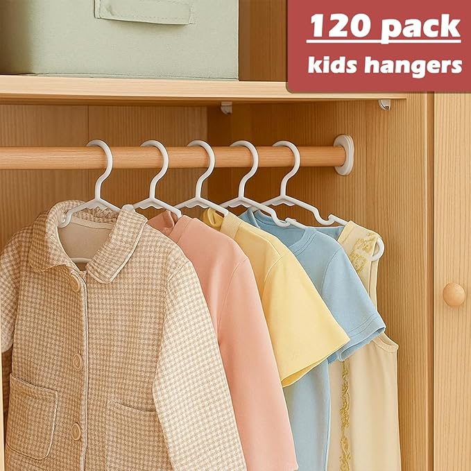 Baby Clothes Hangers 120 Pack, MJRASG White Plastic Kids Hangers 11.5" Space Saving Nonslip Toddler Hanger for Infant, Nursery, Newborn, Children, Slim Heavy Duty Hanger Bulk