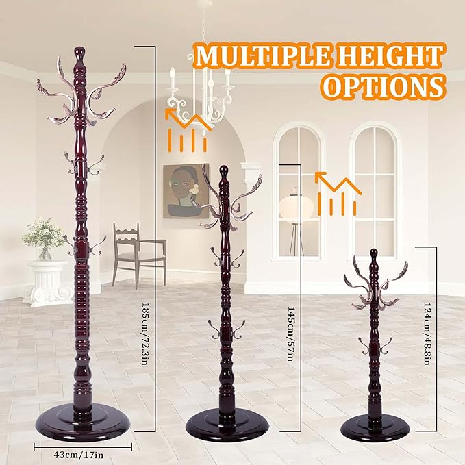 Wooden Coat Rack Freestanding with Metal Hooks, Coat Hanger Stand Coat Tree with Adjustable Height 47’’-72.8’’, Modern Coat Rack for Entrance, Office, Living Room, Bedroom, Corridor