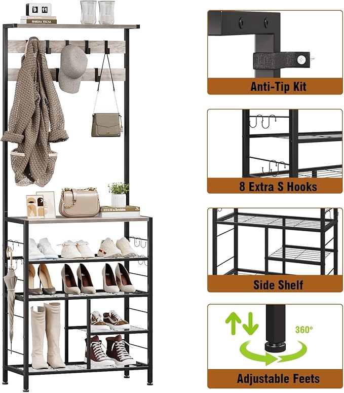 GiftGo Vintage Large 5-Tier Hall Tree with Console Table Entryway Coat Rack Floor Standing Shoes Rack Storage Shelf Organizer for Home Office Bedroom (Greige)