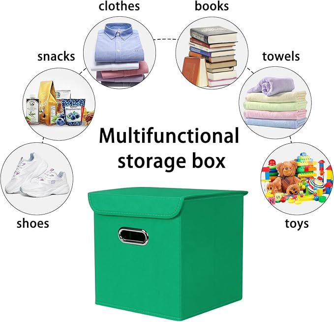 Closet Organizers Fabric Storage Bins With Lids Collapsible Cube Storage Organizer Basket With Handles,Storage Boxes for Clothes Storage,Office,Laundry,Shelves,6 Pack,（Green）