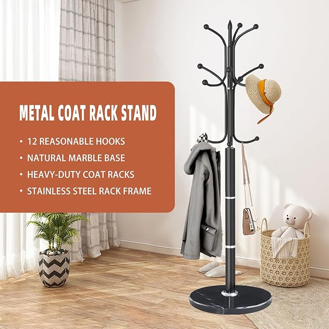 Metal Coat Rack Stand, Modern Freestanding Coat Rack with Natural Marble Base, Black Coat Racks and Coat Hall Tree Hanger Stand for Entryway, Hallway, Office (12 HOOKS)