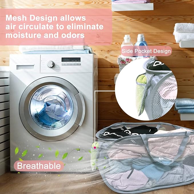 2 PCS Mesh Laundry Hamper,Collapsible Laundry Baskets,75L Large Foldable Dirty Clothes Hamper Storage Basket Horizontal with Side Pocket&carry Handle for Home,Travel grey