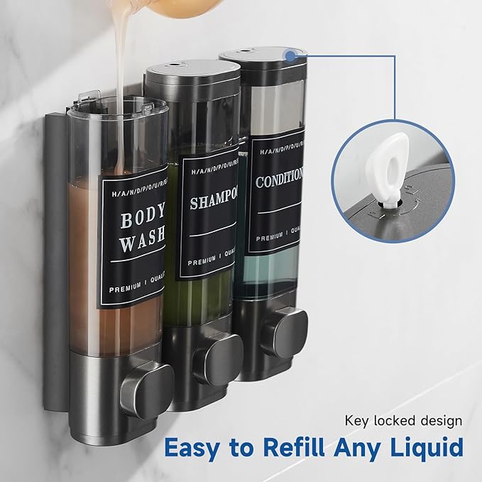 Shampoo and Conditioner Dispenser,Shower Dispenser 3 Chamber No Drill Wall-Mounted Shampoo Dispenser for Shower Wall Mounted Shower Soap Dispenser for Bathroom Hotel 3X300ML,Gun Grey