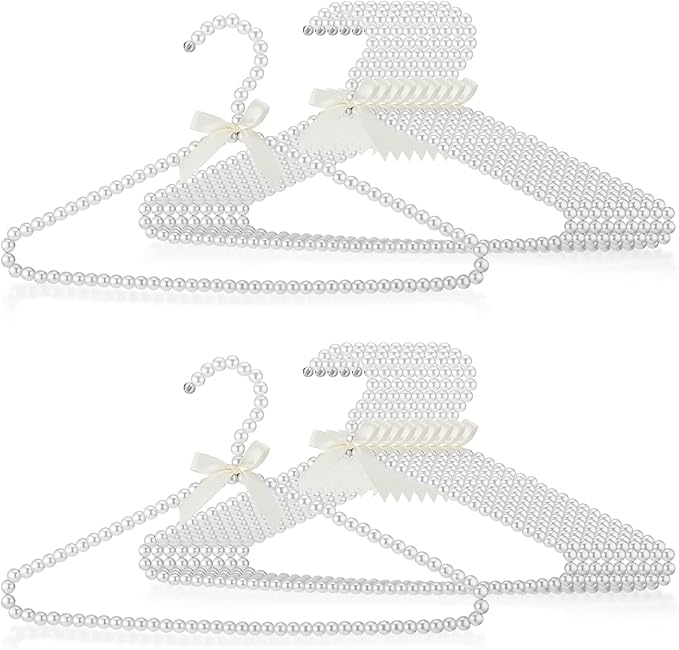 Threan 20 Pcs 16 Inch Pearl Clothes Beaded Clothing Hanger with Ribbon Bowknot Metal Elegant Clothes Standard Hanger for Women Bride Wedding Dress Coat Shirt